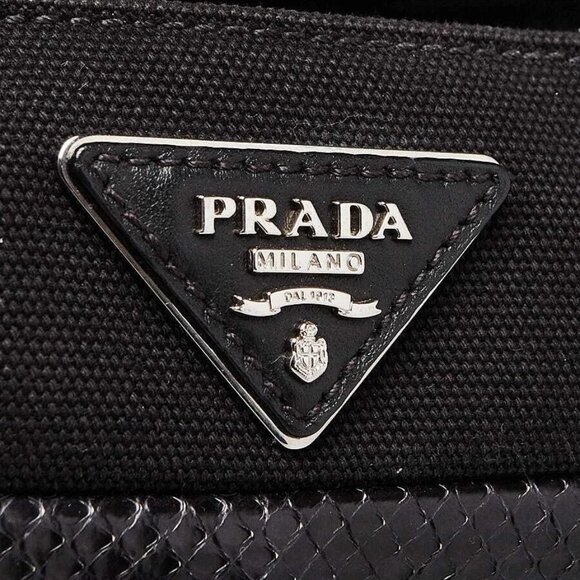 Prada Black/Blue/Beige Canapa Canvas/Leather/Snakeskin Small Tote Bag BG439 - Picture 6 of 12